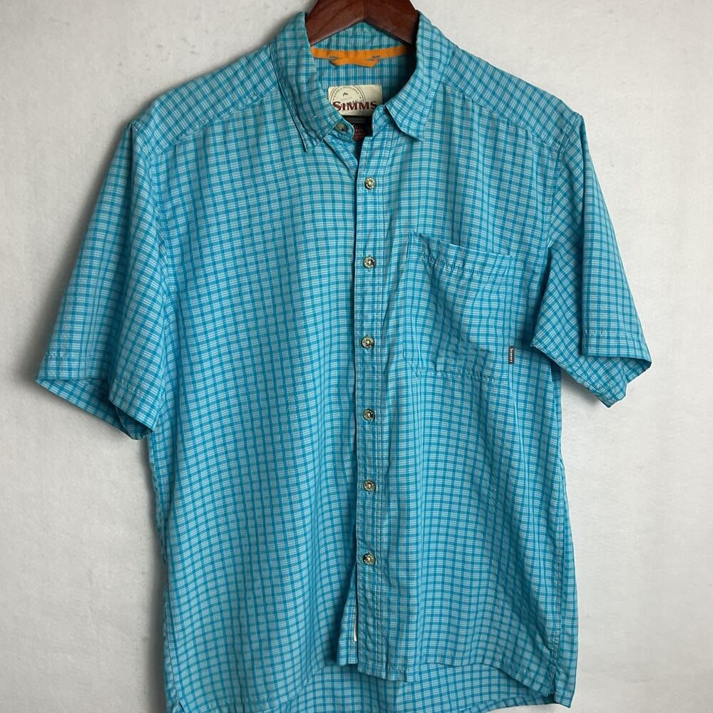 SIMMS Windowpane Plaid Blue Button Down Fishing Shirt Mens Medium